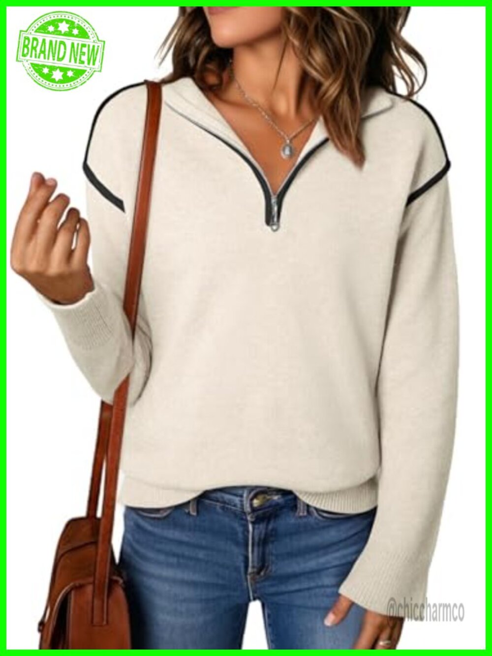 Quarter Zip Stand Collar V Neck Ribbed Knit Pullover Sweater
